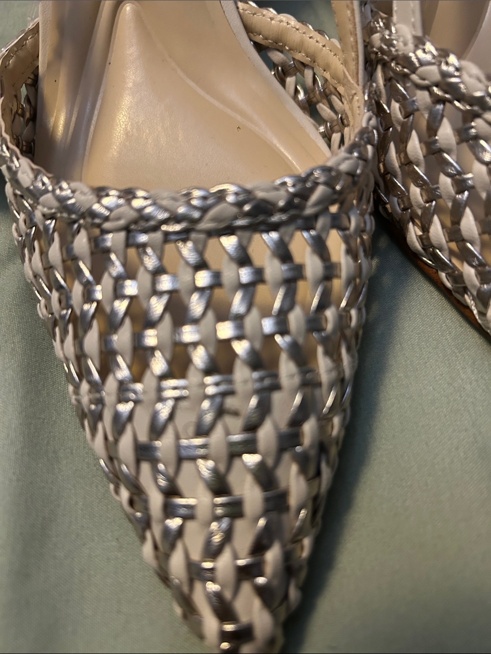 Jessica Simpson Silver and Cream Braided Pointed-Toe Slingback Mules